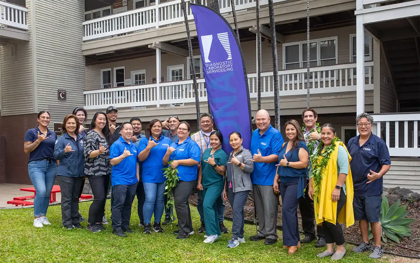 DLS team members gathered outside during a Kona blessing ceremony in Hawaiʻi